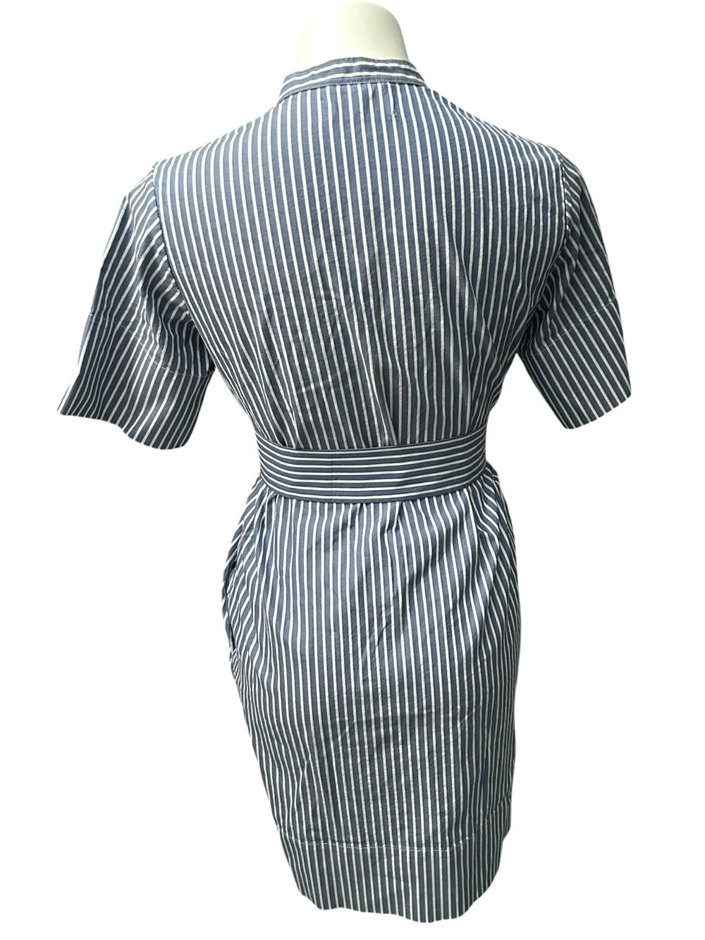 Everlane Blue & White Striped Collarless Cotton Belted Shirtdress - Size 2 - Picture 8 of 13